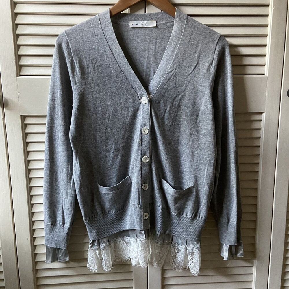 Sacai Luck Japan Grey Cardigan Sweater Lace Details Coquette Women's Size 2